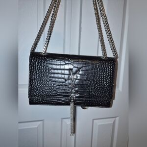 Yves Saint Laurent Black Croc-Embossed Shoulder Bag